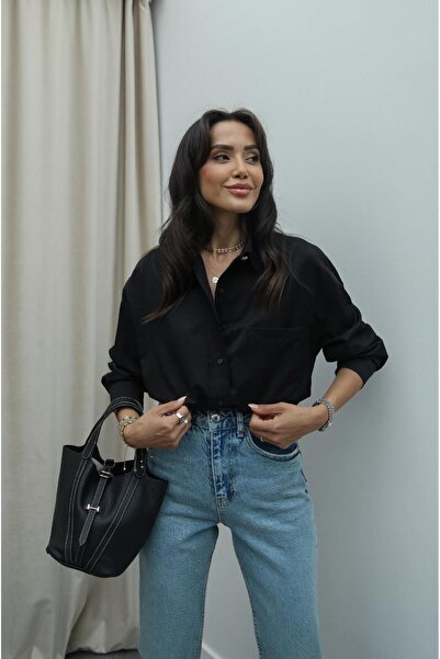 Havoş Black Shirt with Stone Button Detail