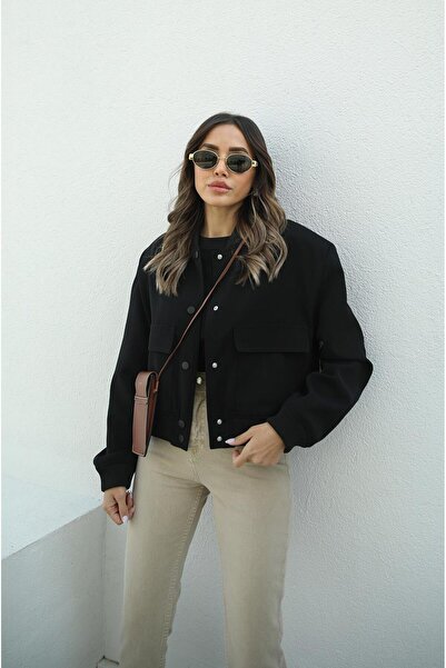 Havoş سترة بومبر سوداء واسعة الجيب