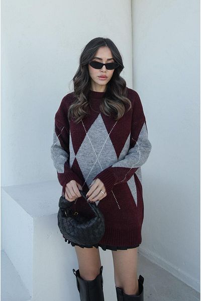 Havoş Pulover cu model argentinian gri burgundy