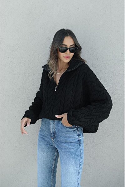 Havoş Zippered Collar - Hair Knitted Black Sweater