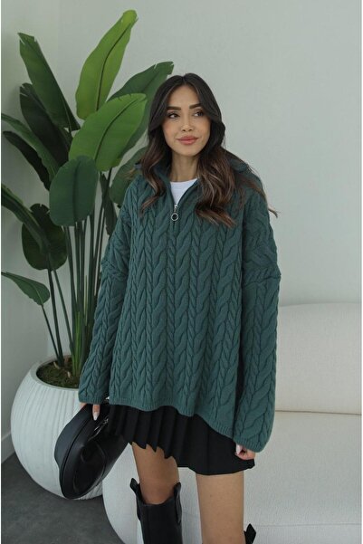 Havoş Pulover cu împletitură de păr cu fermoar, culoare mentă