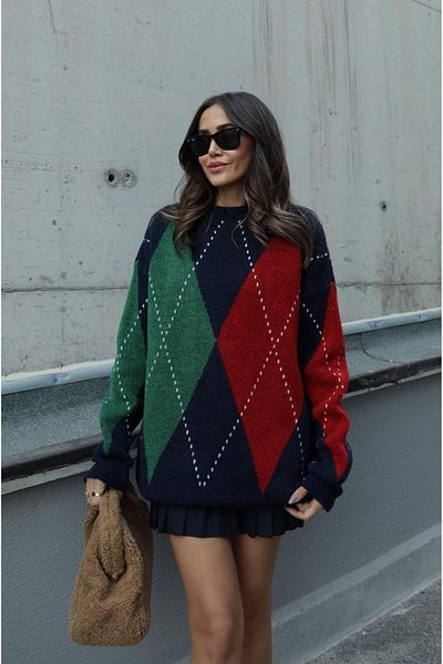 Havoş Red Navy Blue Green Diamond Patterned Sweater