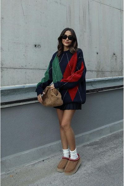 Havoş Red Navy Blue Green Diamond Patterned Sweater