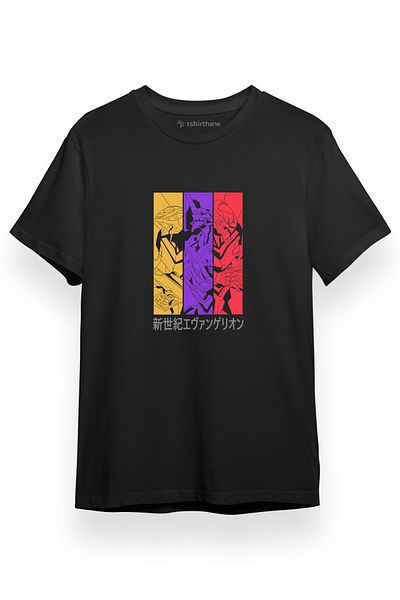 Tshirthane Ανδρικό μπλουζάκι Neon Genesis Evangelion Πολύχρωμη αφίσα μαύρο κοντομάνικο