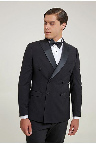 Twn Slim Fit Μαύρο Απλό Κοστούμι Γαμπρού & Σμόκιν