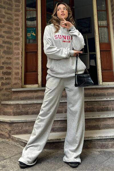 Seeh Gri Baskılı Kapüşonlu Kadın Eşofman Takımı SH184