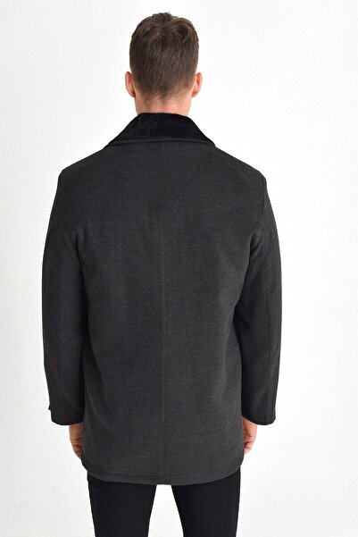 DYNAMO Men's Smoked Large Size Wool Blended Stamp Collar Fur Detailed Coat