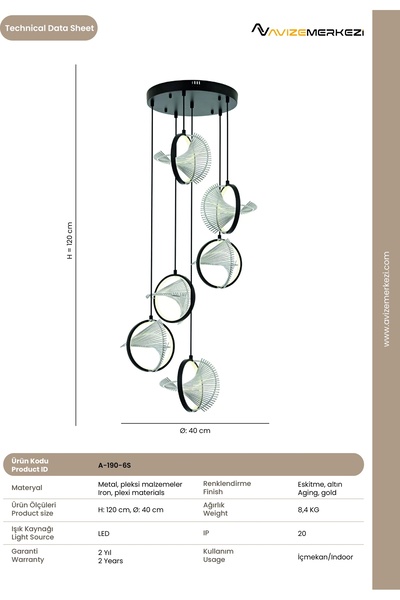 LADCO AYDINLATMA Altılı Letli Avize A-190-6s