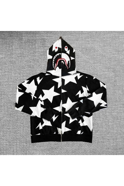 AXXAN Men's Black Cardigan - Bape Digital Star Print, Zippered Hood