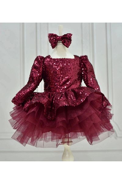 ELLUSSİ Girl - Burgundy Sequined, Long Sleeve Puffy Dress