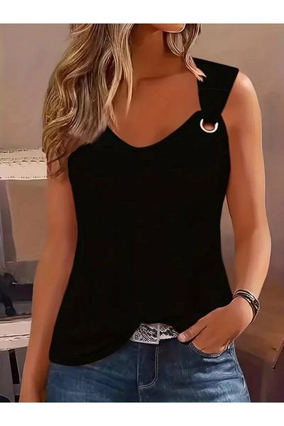 REKA MODA Women's Strap V-Neck Viscose Blouse with Bird Eye Detail