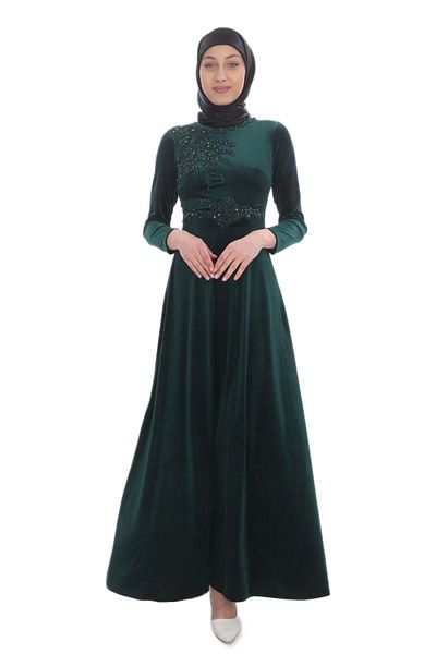lodmela Emerald Green Velvet Hijab Βραδινό Φόρεμα - Απλικέ Λεπτομέρεια, Μοντέλο 694