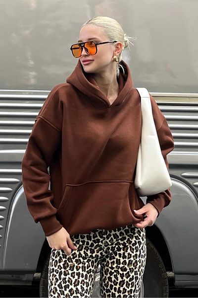 Madmext Bitter Brown Kapuzen-Raised-Oversize-Taschen-Sweatshirt MG2206