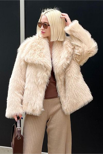 Madmext Beige Women's Fur Coat - Soft Texture, Mg2204