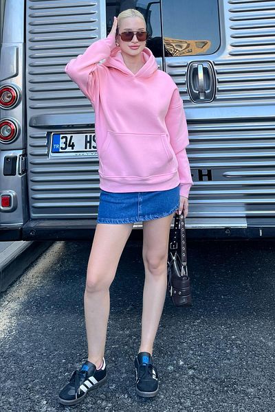 Madmext Oversize Pink Hooded Sweatshirt - Pocket, Mg2206