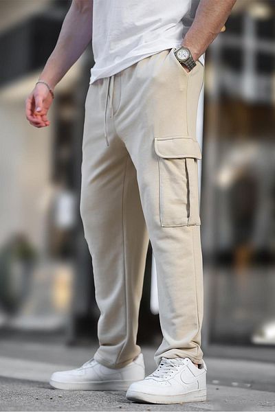 Madmext Beige Basic-Jogginghose – Cargotasche mit verstellbarer Taille 6552