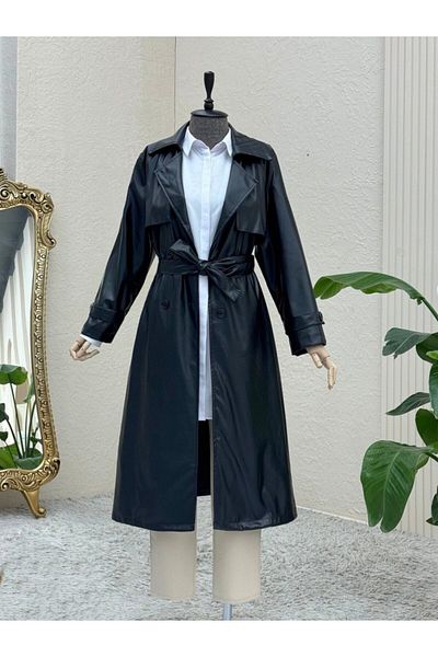 Modamorfo Black Long Leather Cap with Bolero and Waist Laces