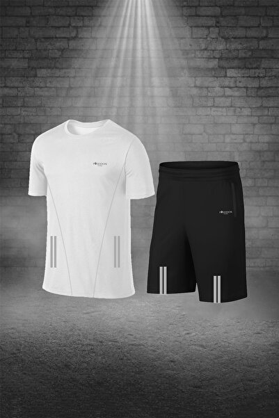 POSEIDON STORM طقم شورت تي شيرت رجالي أبيض غير مطبوع برقبة دائرية وأكمام قصيرة عادي