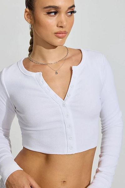 Madmext Long Sleeve White Crop Cardigan - Buttoned, Camisole Mg2193