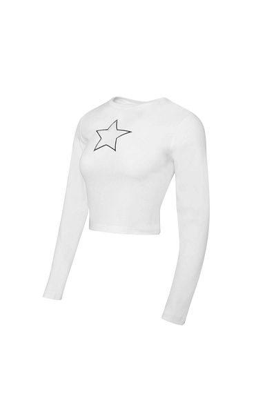 1blood Λευκό μακρυμάνικο Crop Top - Αστέρι μοτίβο και διάφανη λεπτομέρεια