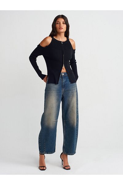 Dilvin 71718 Pantaloni din denim cu tăietură cu balon cu detalii cu cleme - Albastru închis