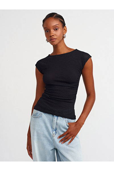 Dilvin 31091 Büzgülü Kayık Yaka Top-Siyah