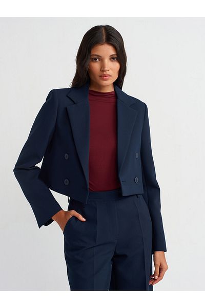 Dilvin 60744 Model Navy Blue Double Breasted Crop Blazer - Buttoned