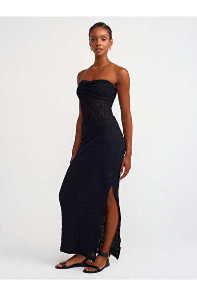 Dilvin 80370 Μαύρη μακριά δαντελένια φούστα με σκίσιμο