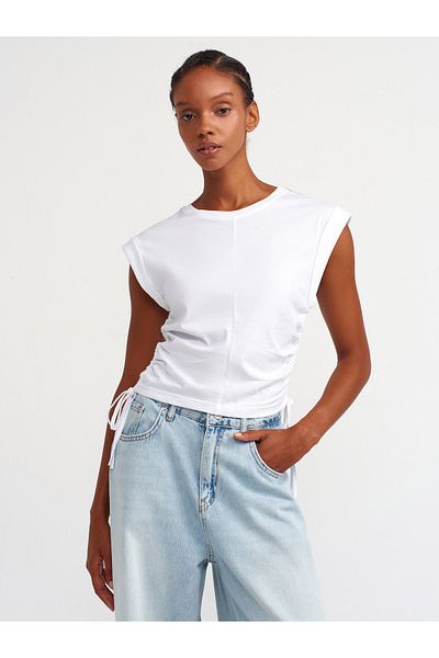 Dilvin 31075 Stone Detailed Gathered T-shirt - White