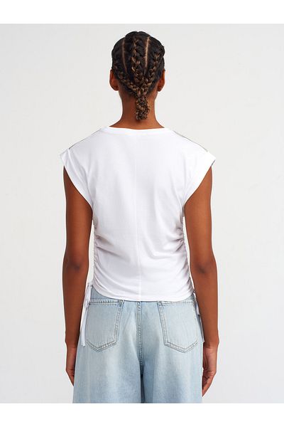 Dilvin 31075 Stone Detailed Gathered T-shirt - White