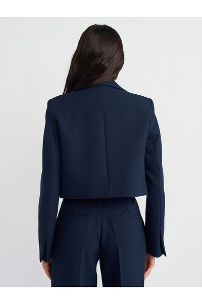 Dilvin 60744 Model Navy Blue Double Breasted Crop Blazer - Buttoned
