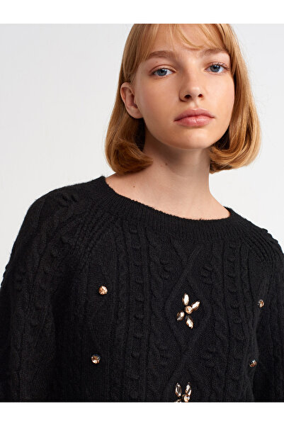 Dilvin 10462 Bisiklet Yaka Önü Taş Işlemeli Kazak-siyah