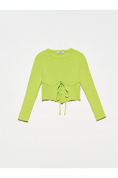 Dilvin 10193 Pullover mit Fahrradkragen und Spitzendetails vorne - Limettengrün