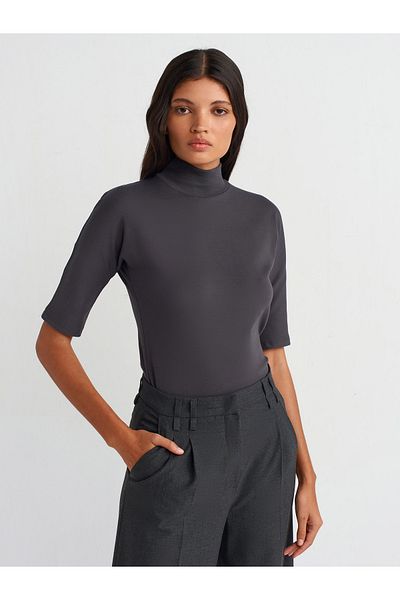 Dilvin 31244 Model Anthracite Stand Collar T-Shirt