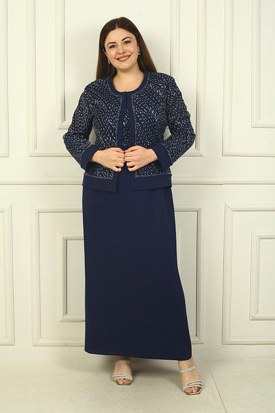 By Saygı Beaded Sequin Embroidered Tulle Jacket and Long Dress - Half Moon Sleeves, Lined, Large Size 2-piece Set