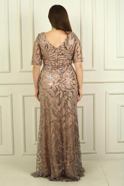 By Saygı V-neck Bead-pool Embroidered Plus Size Women's Dress - Lined