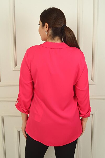 By Saygı Kadın Kol Katlamalı Taş Detaylı Krep Saten Büyük Beden Gömlek