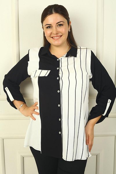 By Saygı Single Pocket Striped Women's Shirt - Sleeve Folded B.B. Model