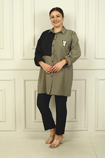 By Saygı Color Blocking Plus Size Μακρύ Γυναικείο Πουκάμισο - Διπλωμένο Μανίκι