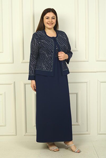 By Saygı Jachetă și rochie lungă din tul brodat cu mărgele și paiete - mâneci cu jumătate de lună, căptușeală, set de 2 mărimi plus