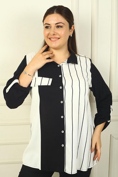 By Saygı Single Pocket Striped Women's Shirt - Sleeve Folded B.B. Model