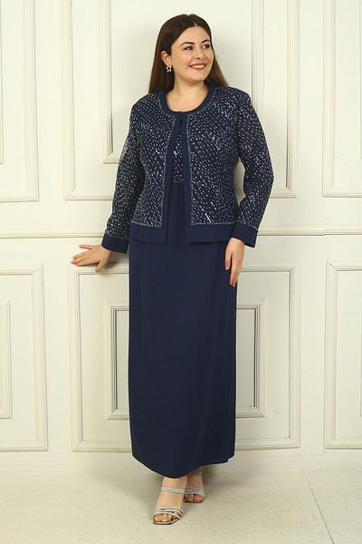 By Saygı Beaded Sequin Embroidered Tulle Jacket and Long Dress - Half Moon Sleeves, Lined, Large Size 2-piece Set
