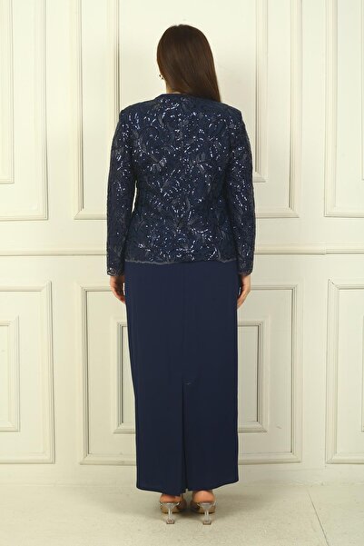 By Saygı Plus Size Women's - Sequin Embroidered Bead Detailed Tulle Jacket and Long Dress Set of 2