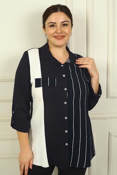 By Saygı Cămașă de damă cu dungi cu un singur buzunar - mânecă îndoită B.B. Model