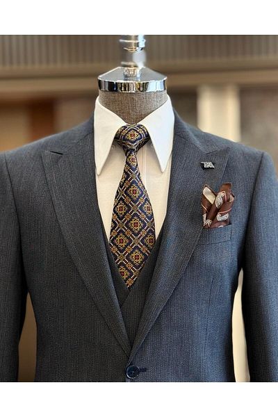 TerziAdemAltun Navy Blue Italian Style Jacket Vest Trousers Suit - T12876