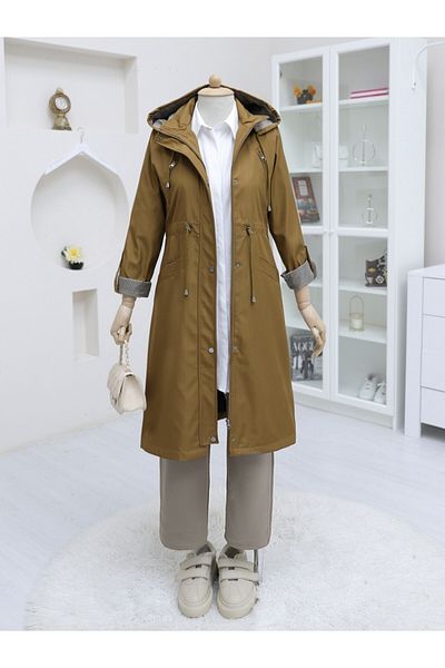 Modamorfo Trencoat s kapucňou na patentky -Tan
