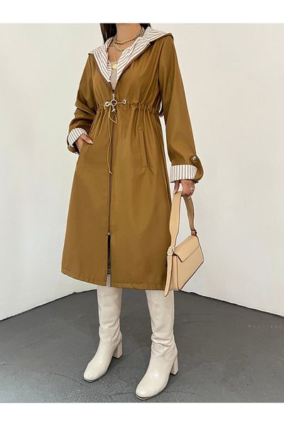 Modamorfo Taillenbesetzter, gesteppter, gefütterter Trenchcoat mit Kapuze – Hellbraun