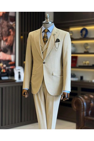 TerziAdemAltun Beige Italian Style Jacket Vest Trousers Set - T12819