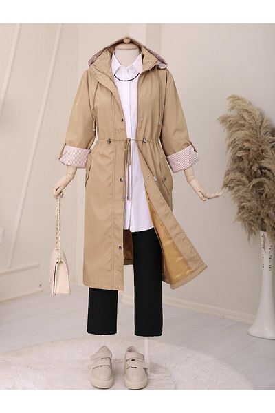 Modamorfo Stone Colored Striped Lining Trench Coat