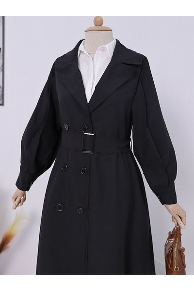 Modamorfo Trenchcoat mit Ballonärmeln, Schnalle, Gürtel und Seitentaschen – Schwarz